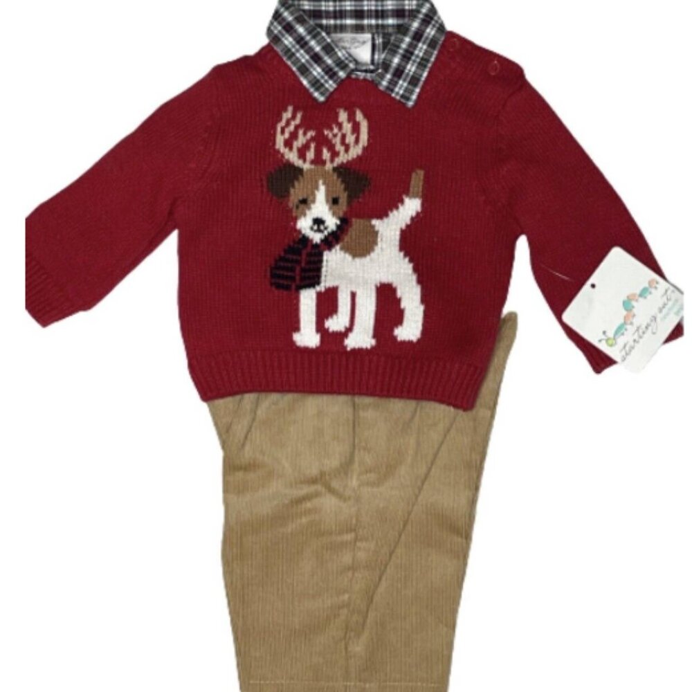 Starting Out 3PC Christmas Set, Red Sweater, Plaid Shirt, Tan Pants, NWT!!